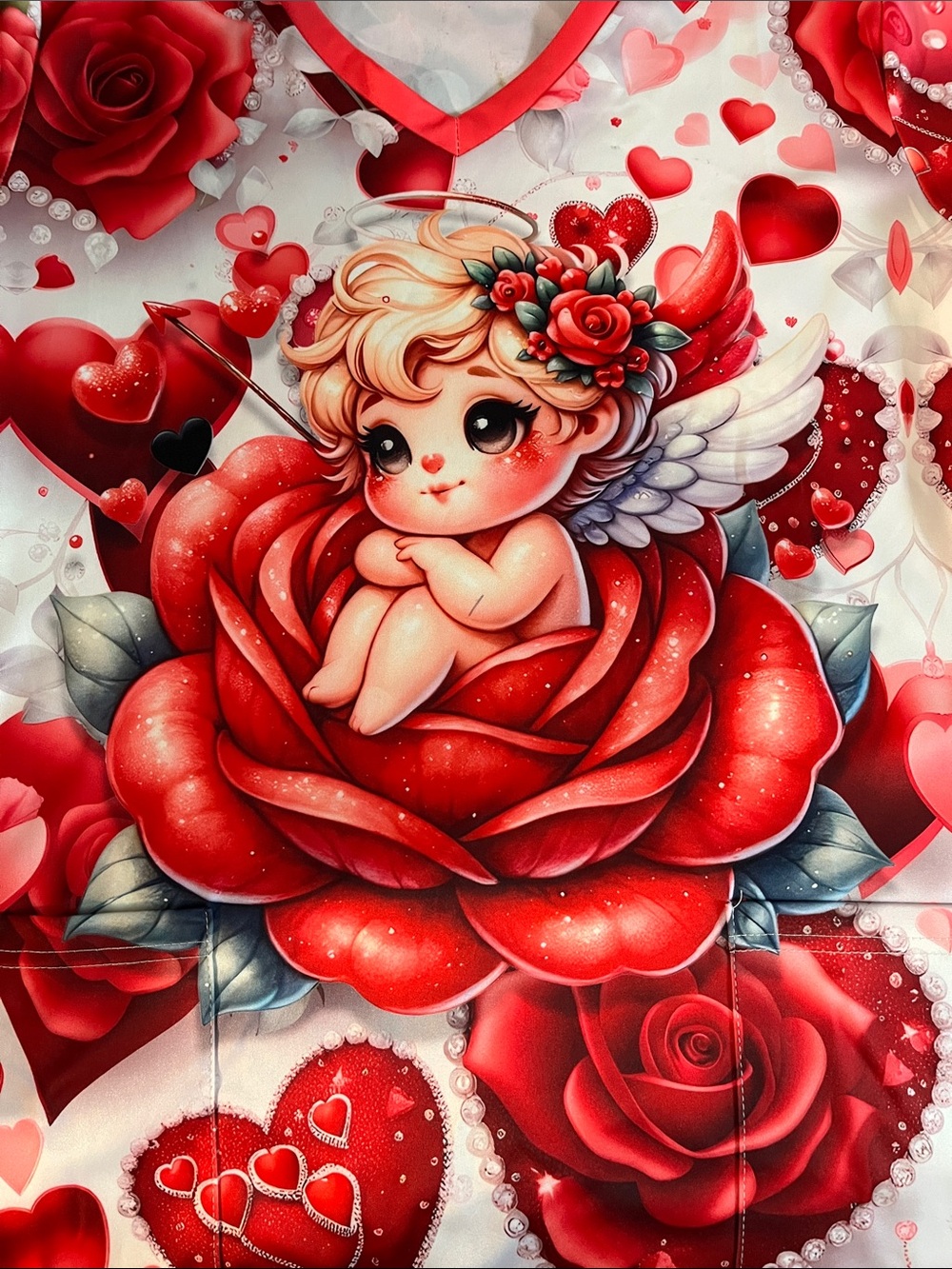 Women’s Red Graphic Rose Angel V-Neck Uniform Top